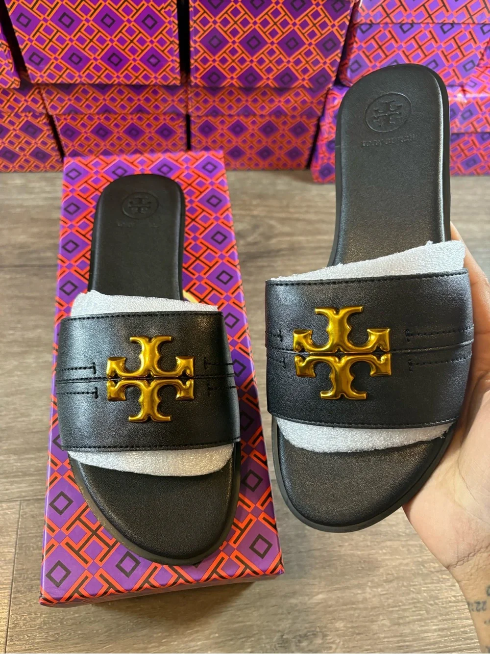 Tory Burch Black Leather Slide Sandals with Gold
